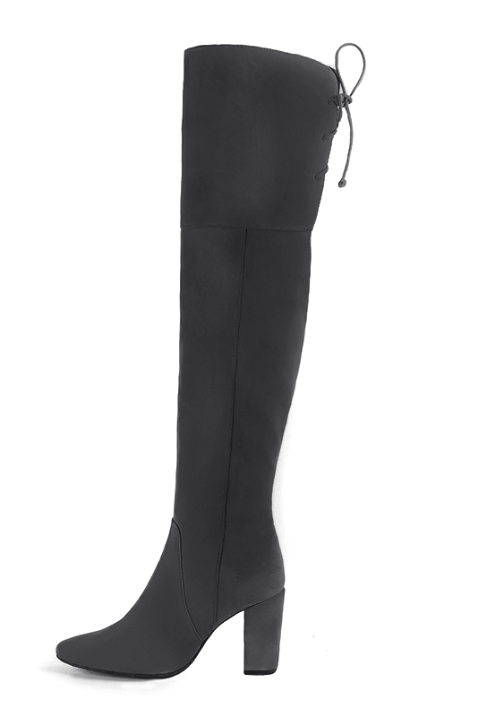 Dark grey women's leather thigh-high boots. Round toe. High block heels. Made to measure. Profile view - Florence KOOIJMAN